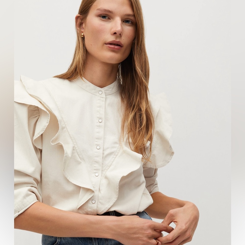 Mango Cream Ruffled Mandarin Collar Blouse